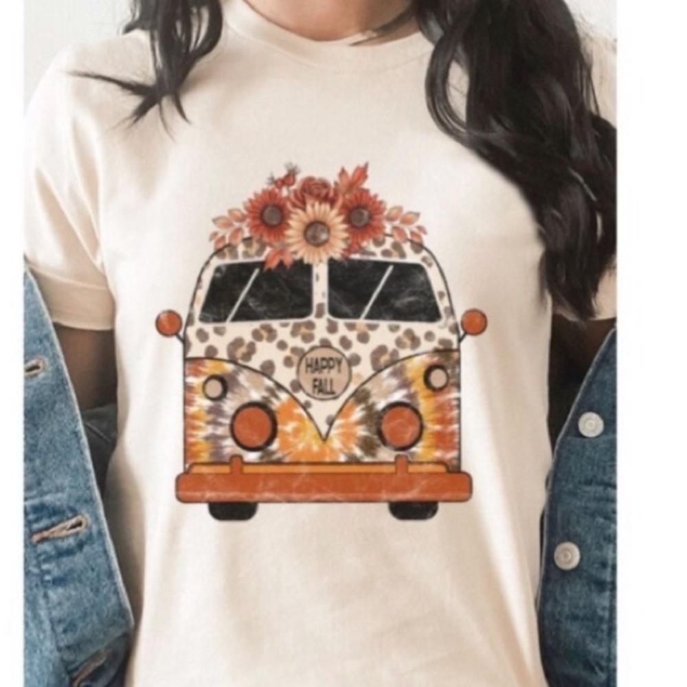 Fall Leopard floral VW Bus short sleeve T-shirt hippie boho brown beige NWT